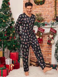 SHEIN Men's Black Simple Full Print Cute Bear Pattern Long Sleeve Casual Pajamas For Christmas - Black - View 7