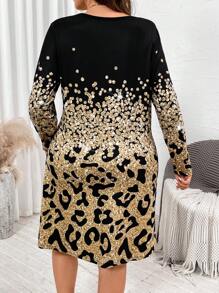 SHEIN LUNE Plus Size Women Leopard Ombre Print Crew Neck Long Sleeve Casual Dress Business Casual Holiday Party Dresses For Women Dress - Multicolor - View 2