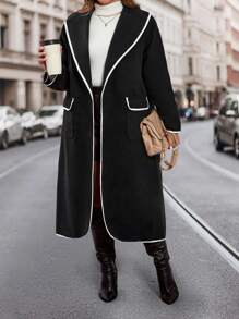 SHEIN LUNE Plus Size Contrast Trim Knitted Coat For Autumn/Winter Fall Cloth For Women - Black - View 5