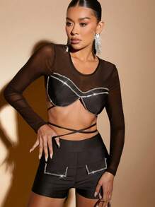 Hauture Rhinestone Tie Back Top & Shorts Two Piece Set - Black - View 1