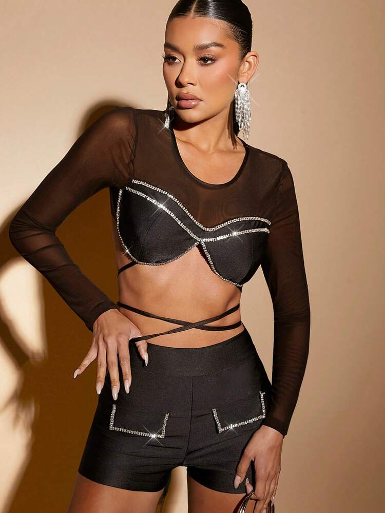 Rhinestone Tie Back Top & Shorts Two Piece Set