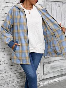 EMERY ROSE Manteau d'hiver pour femme grande taille, à fermeture éclair, à manches longues, à capuche, avec motif à carreaux, style casual