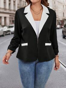 SHEIN LUNE Blazer elegante de manga larga con cuello de tripulación, fruncido y contraste de color para mujeres de talla grande, apto para primavera/otoño - Blanco y Negro - Ver 5