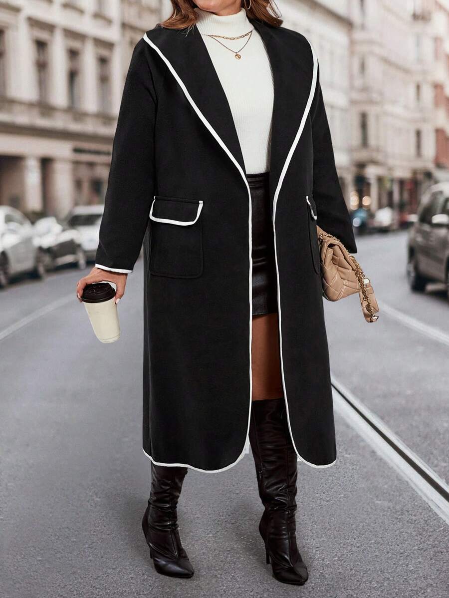 SHEIN LUNE Plus Size Contrast Trim Knitted Coat For Autumn/Winter Fall Cloth For Women - Black - View 1