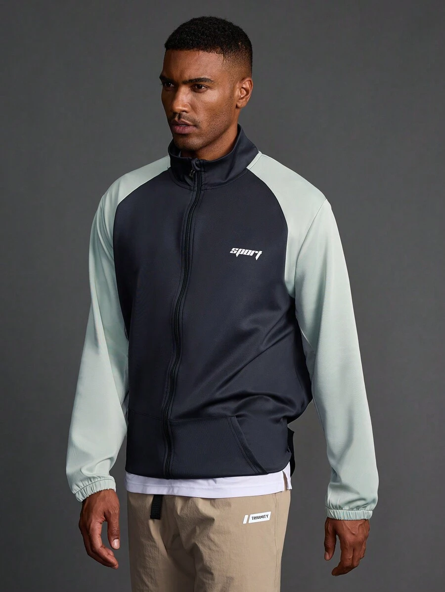 Manfinity Sport Corelite Chaqueta deportiva casual de estilo novio con cremallera delantera, manga larga, parches de color contrastante. Ropa para ir al colegio, gimnasio, senderismo. Camiseta básica de manga corta con cremallera