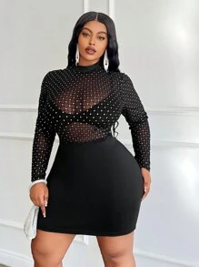 Slaydiva Vestido mini negro sólido y ajustado, elegante, para fiesta, cóctel, evento, cita nocturna, de tela semitransparente con parches de malla con rombos estampados, talla grande