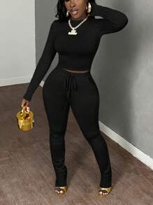 Slaydiva 2-delige set voor dames, eenvoudig casual basic ronde hals, lange mouwen crop top en elastische tailleband met trekkoord, skinny broek, joggingpak, 2-delige set, zwart