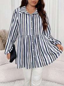SHEIN LUNE Plus Size Women's Spring & Fall Long Sleeve Ruffle Trim Loose Casual Striped Cardigan Shirt Business Casual Woman Work Blouse Business Blouse Casual Everyday Wear,Essentials Holiday Outfit