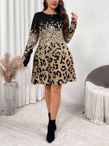 SHEIN LUNE Plus Size Women Leopard Ombre Print Crew Neck Long Sleeve Casual Dress Business Casual Holiday Party Dresses For Women Dress - Multicolor - View 3