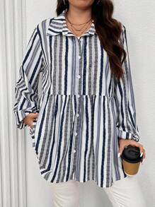 SHEIN LUNE Plus Size Women's Spring & Fall Long Sleeve Ruffle Trim Loose Casual Striped Cardigan Shirt Business Casual Woman Work Blouse Business Blouse Casual Everyday Wear,Essentials Holiday Outfit
