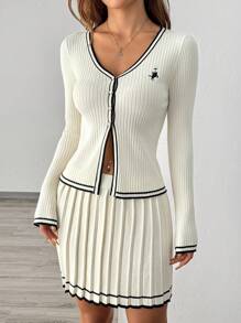 Chiquease 2pcs Women's V-Neck Long Sleeve Striped Sweater Top And Pleated Casual Skirt Set Fall Winter Cloth For Women - Beige - View 7