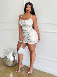 Slaydiva Vestido mini ceñido con escote bajo, sin mangas, con decoración de perlas, para mujer de talla grande, elegante para verano - Plateado - Plateado - Ver 5