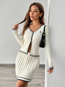 Chiquease 2pcs Women's V-Neck Long Sleeve Striped Sweater Top And Pleated Casual Skirt Set Fall Winter Cloth For Women - Beige - View 4