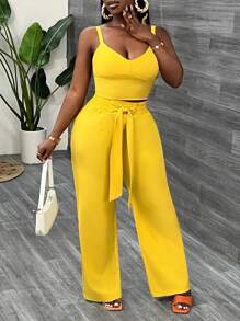 Slaydiva Elegant Spaghetti Strap Back Crop Top Wide Leg Bow Belt Trousers Yellow Women's Two-Piece Set-C
