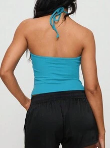 SHEIN Essnce 女士纯色露肩吊带背心 - 藍色 - 查看 2