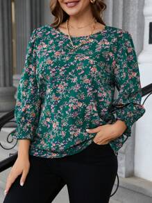 SHEIN Clasi 大码女式碎花圆领灯笼袖宽松优雅衬衫 - 墨綠色 - 查看 6