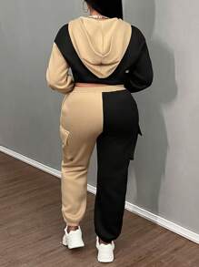 Slaydiva 2pcs Women Contrast Color Zipper Front Hooded Jacket & Cargo Pocket Pants Set, Spring Autumn - Black - View 3