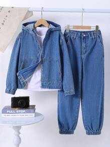 SHEIN 2pcs/Set Tween Boys Casual Denim Zip-Up Hoodie And Shorts Set - Blue - View 1