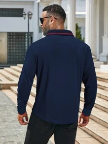 Manfinity Homme 大码男士休闲纯色长袖 Polo 衫，春秋季，外出 - 藏蓝色 - 查看 2