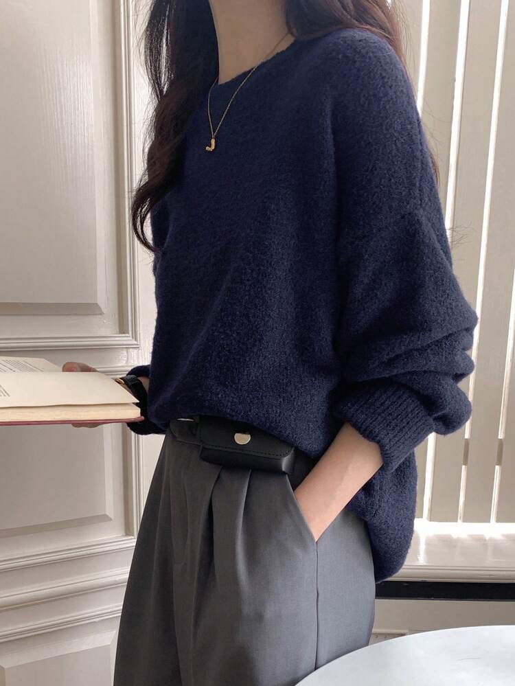 Women's Loose Fit Solid Color Drop Shoulder Long Sleeve Knitted Sweater, Autumn/Winter,Fall Women Clothes Business Casual Woman Work Clothes