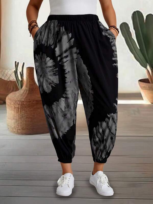 EMERY ROSE Plus Size Summer Countryside Printed Daily Casual Tapered Leg Pants