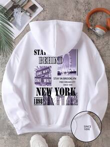 SHEIN EZwear Plus Size Letter Printed Hooded Drawstring Sweatshirt For Women - White - View 1