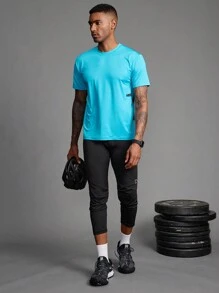 Coreblaze Boyfriend Style Men's Letter Print Sports Compression Pants, Casual Daily Wear Gym Clothe Hiking Outfit Cropped Undershirt - Dusty Blue - View 5