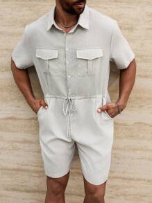 Manfinity Homme Plus Size Men's Casual Solid Color Drawstring Waist Romper