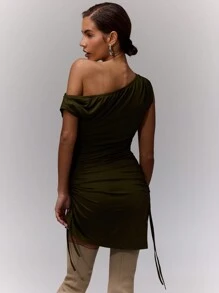 MUSERA Vestido mini con cuello asimétrico, fruncido, sexy y lindo para primavera y verano