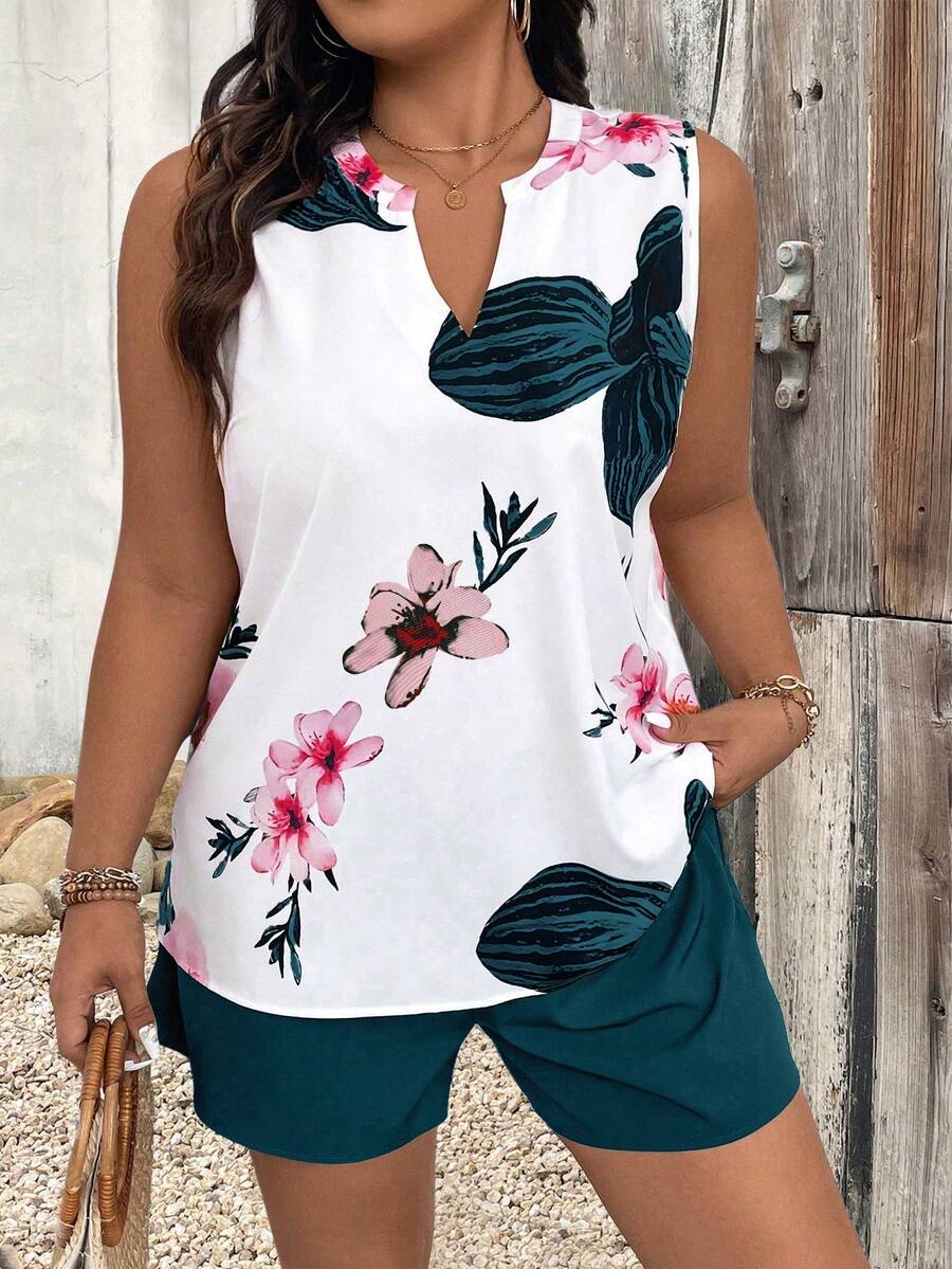 SHEIN LUNE 2 件大码花卉印花吊带背心和短裤套装 - 水鴨藍 - 查看 1