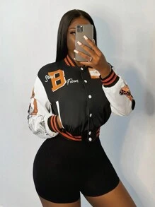 Slaydiva Nuevo uniforme casual de béisbol de otoño e invierno con logotipos y lemas en inglés impresos para mujeres, chaqueta negra ajustada de manga larga con contraste blanco para mujeres