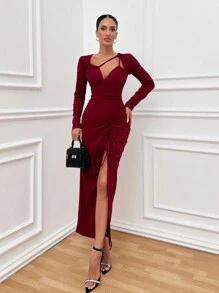 RueChic Fashionable Chic Cut Out Detailed Drawstring Split Hem Long Sleeve Bodycon Dress - Burgundy - View 1