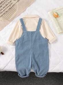 SHEIN Vintaside Kids 2 件装男婴可爱小鸭刺绣长袖 Polo 衫和灯芯绒围兜裤套装，拼色休闲装，适合居家和外出，4 季 - 藍色 - 查看 2