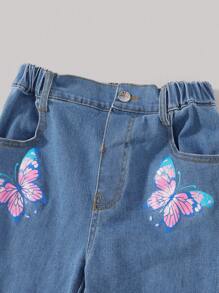 Tween Girls Fashionable Butterfly Print Flare Ripped Pants - Medium Wash - View 4