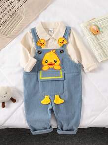 SHEIN Vintaside Kids 2 件装男婴可爱小鸭刺绣长袖 Polo 衫和灯芯绒围兜裤套装，拼色休闲装，适合居家和外出，4 季 - 藍色 - 查看 1
