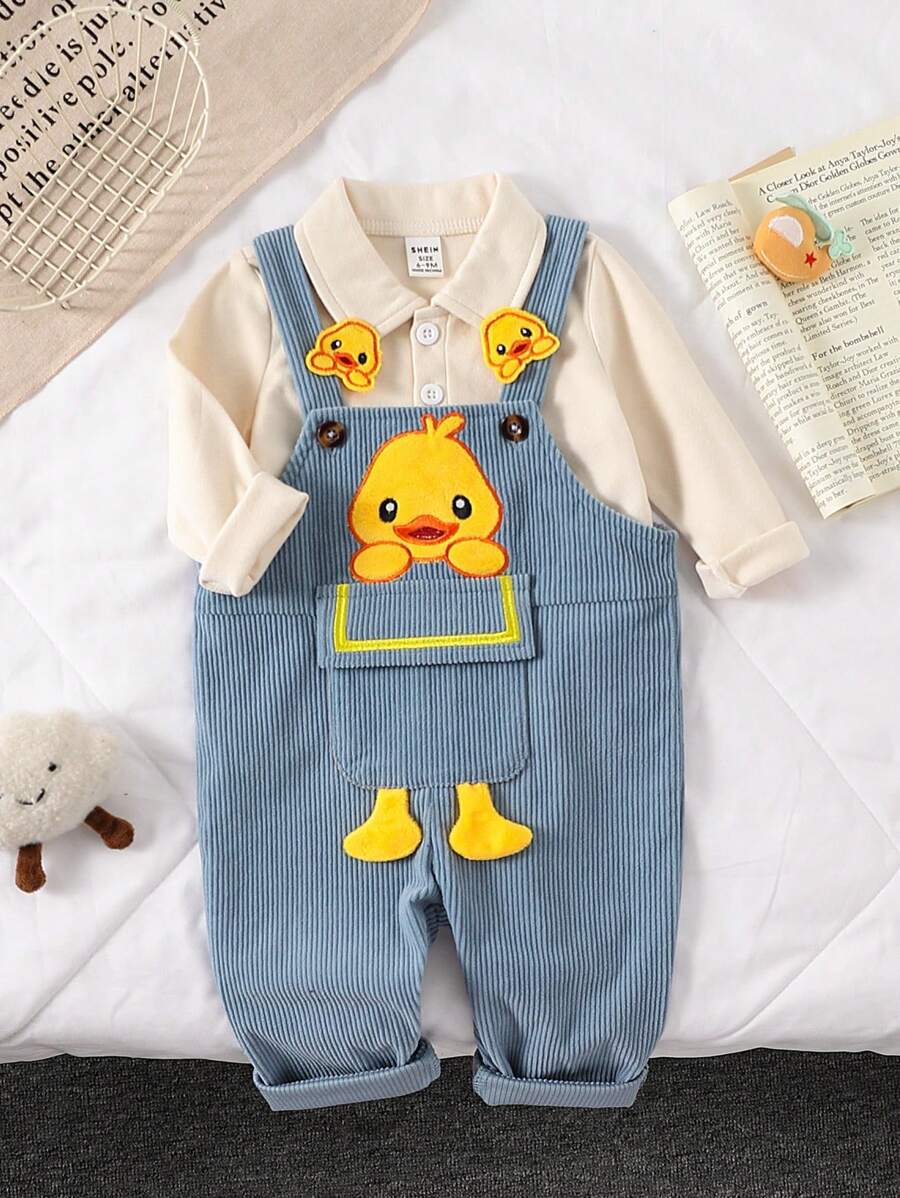 SHEIN Vintaside Kids 2 件装男婴可爱小鸭刺绣长袖 Polo 衫和灯芯绒围兜裤套装，拼色休闲装，适合居家和外出，4 季 - 藍色 - 查看 1