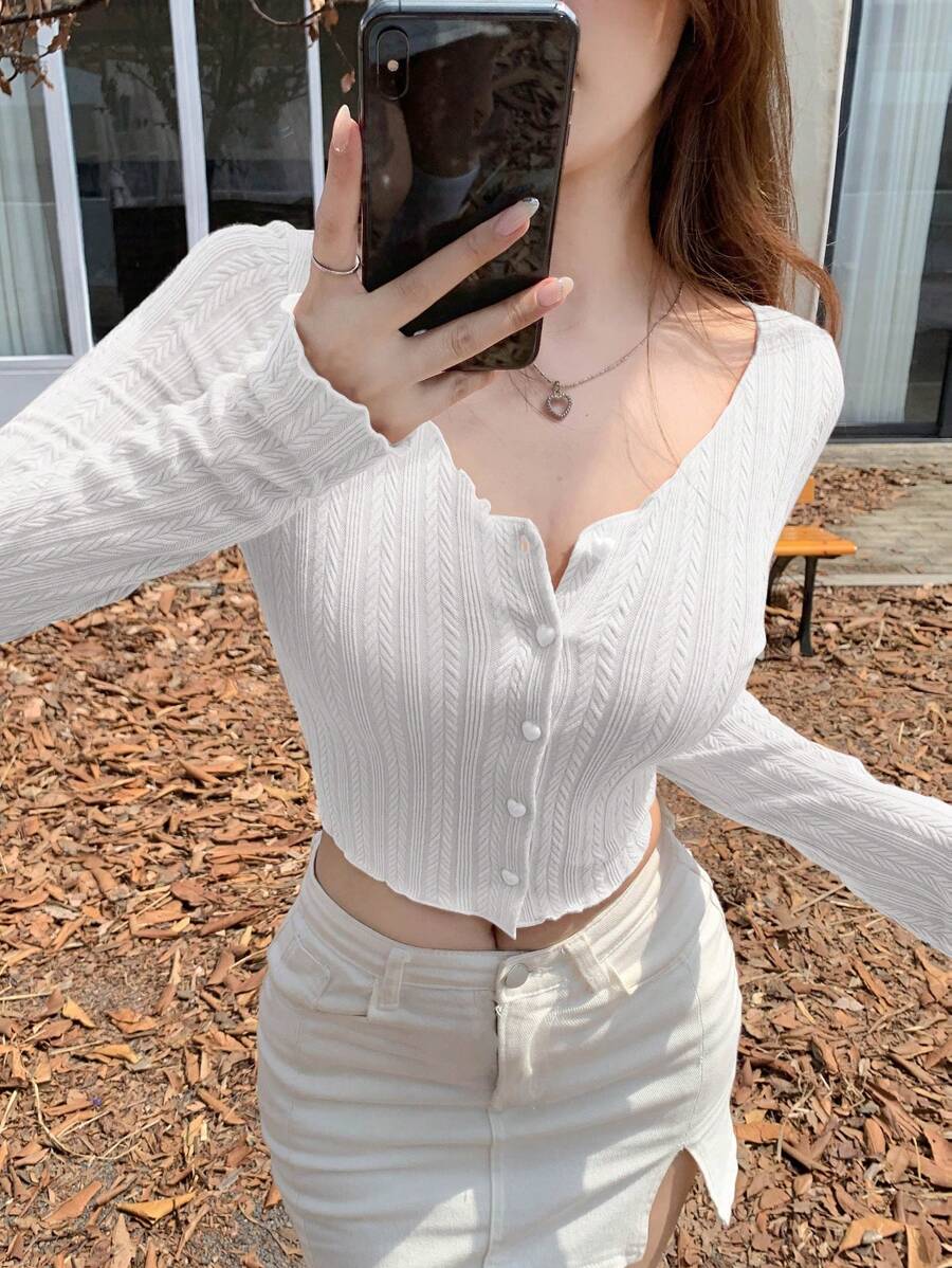 DAZY 女式纹理纯色长袖T恤，秋季服装 - 白色 - 查看 1