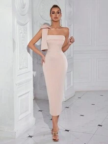 Elisanya Đầm dạ hội/dạ tiệc dáng midi, màu trơn, lệch vai, đính nơ, xẻ tà, màu trơn, thích hợp cho tiệc cocktail hoặc bán formal. - Màu be - Xem 3