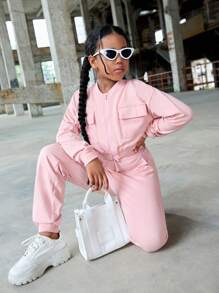 SHEIN SLAYR Tween Girl Tween Girl 翻盖口袋运动衫和慢跑裤套装 - 淺粉色 - 查看 1