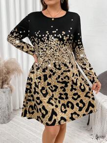 SHEIN LUNE Plus Size Women Leopard Ombre Print Crew Neck Long Sleeve Casual Dress Business Casual Holiday Party Dresses For Women Dress - Multicolor - View 9