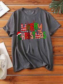 Flirla Camiseta gráfica casual de manga corta y cuello redondo con estampado de letras navideñas para mujer de talla grande