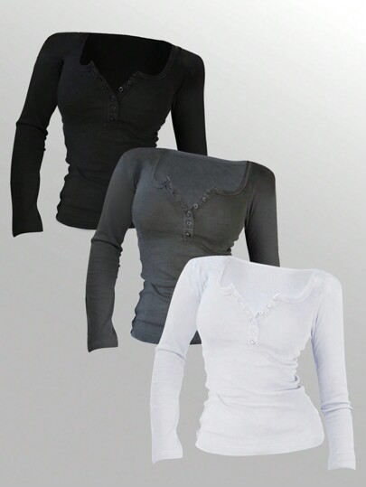 INAWLY Women's Solid Color Button Front Long Sleeve Casual T-Shirt, Spring Summer Fall Cloth For Women