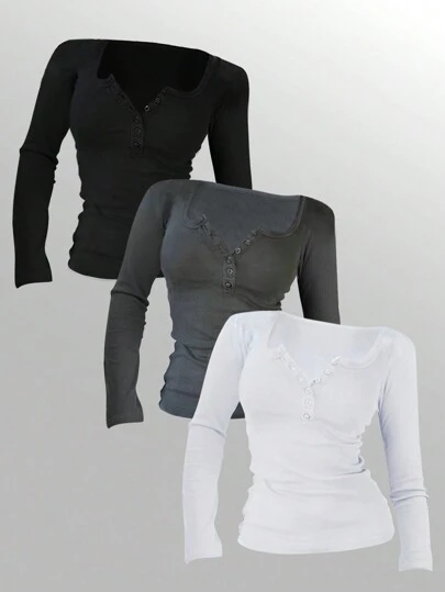 INAWLY Women's Solid Color Button Front Long Sleeve Casual T-Shirt, Spring Summer Fall Cloth For Women