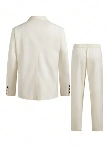 Manfinity Mode 2pcs Men's Plus Size Solid Color Long Sleeve Side Button Design Blazer And Pants Daily Office Suit Set