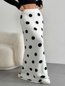 Váy len dài chấm bi đuôi cá giản dị, đa năng cho mùa thu/đông - Đen và trắng - Xem 4