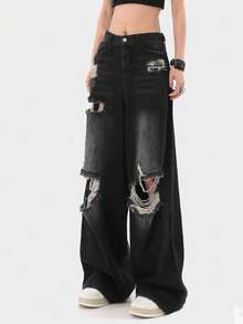 Ripped Wide Leg Jeans,Ladies Button,Pocket,Ripped,Zipper Natural Wide Leg Extra Long Black Boyfriend Fit Loose Women Jeans,Spring/Fall,Casual Daily Wear