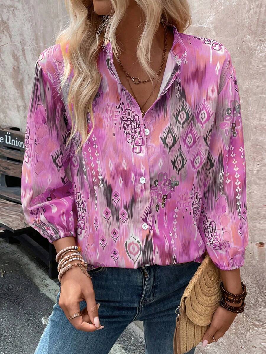 EMERY ROSE Women's Spring & Summer Geometric Print Lantern Sleeve Loose Casual Shirt, Random Print - Multicolor - View 1