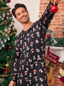 SHEIN Men's Black Simple Full Print Cute Bear Pattern Long Sleeve Casual Pajamas For Christmas - Black - View 5