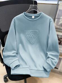 SHEIN 日常休闲青少年男童蓝色布料卫衣，几何图案拼接细节，圆领长袖，卫衣，浅蓝色卫衣设计，儿童男童，可爱纯色卫衣，天蓝色衬衫，青少年长袖，冬季套装，冬季服装，秋季服装，所有服装