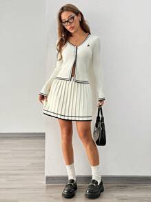 Chiquease 2pcs Women's V-Neck Long Sleeve Striped Sweater Top And Pleated Casual Skirt Set Fall Winter Cloth For Women - Beige - View 5